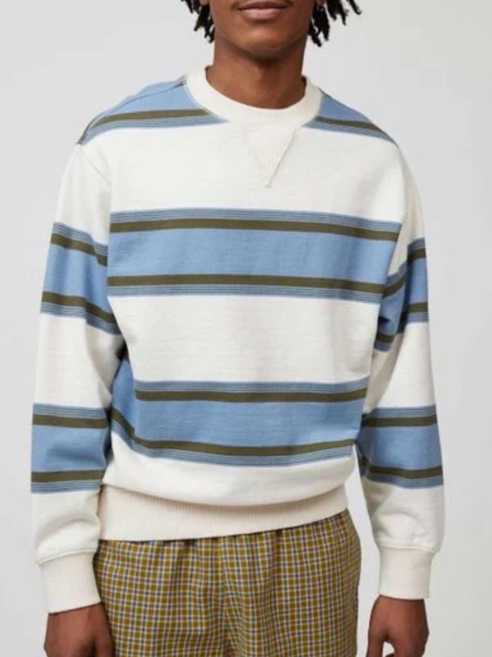 Urban Outfitters Cream, Light Blue & Olive Striped Crewneck Sweater M